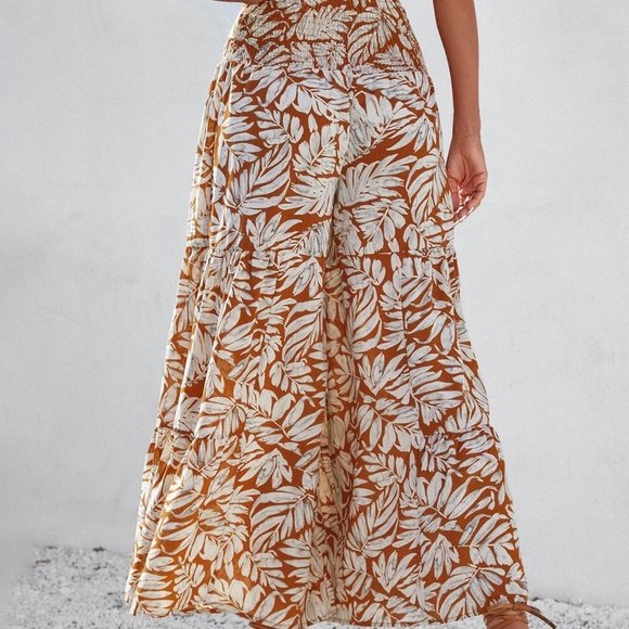 Rust Brown Boho Womens Plants Print Belted Wide Leg Pants - Picture 2 of 5